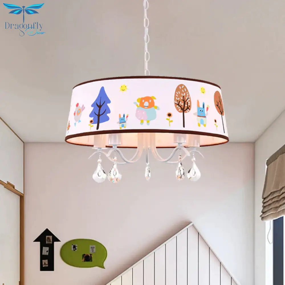 Cartoon 3/5 Heads Chandelier White Drum Pendant With Forest Pattern Fabric Shade And Crystal Drop