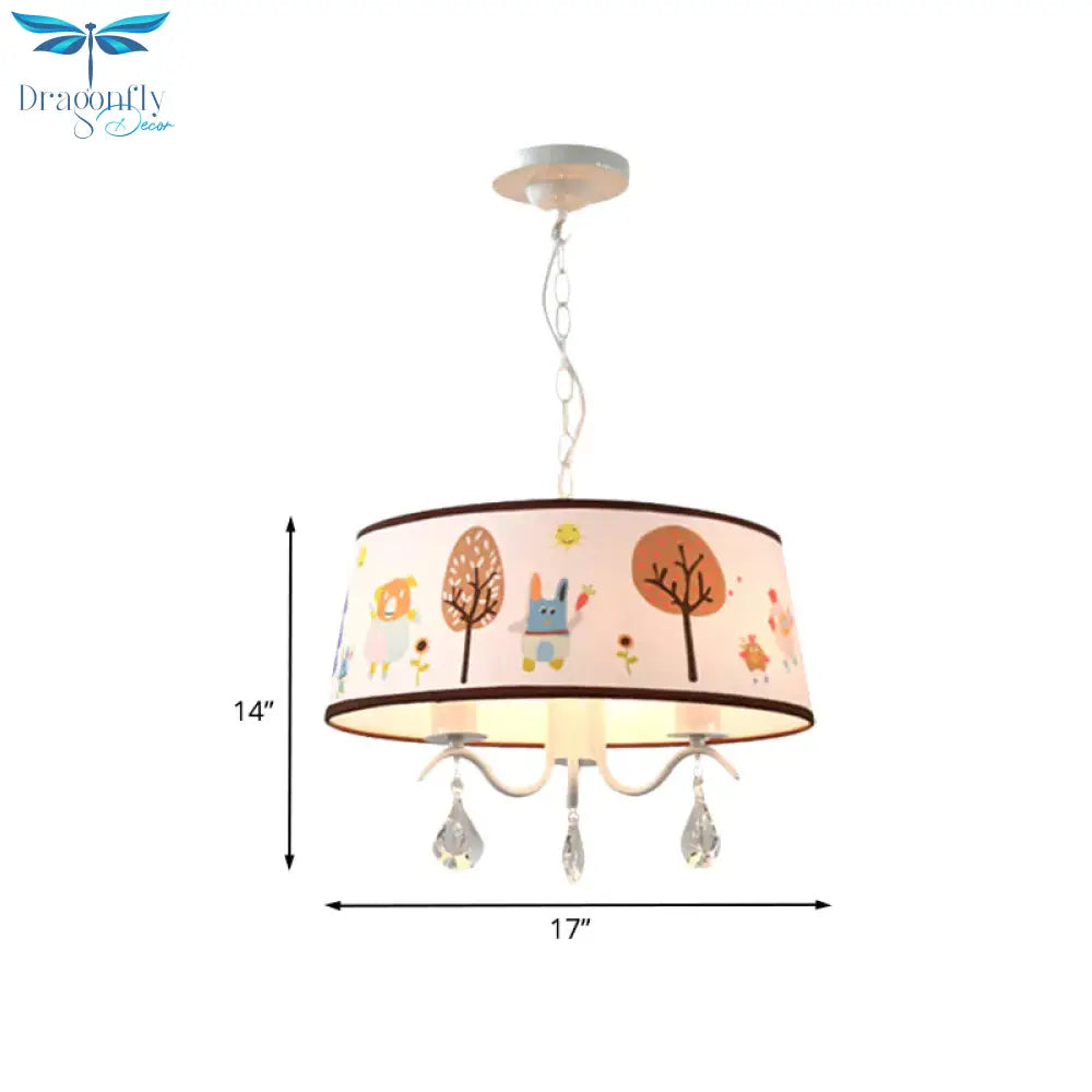 Cartoon 3/5 Heads Chandelier White Drum Pendant With Forest Pattern Fabric Shade And Crystal Drop