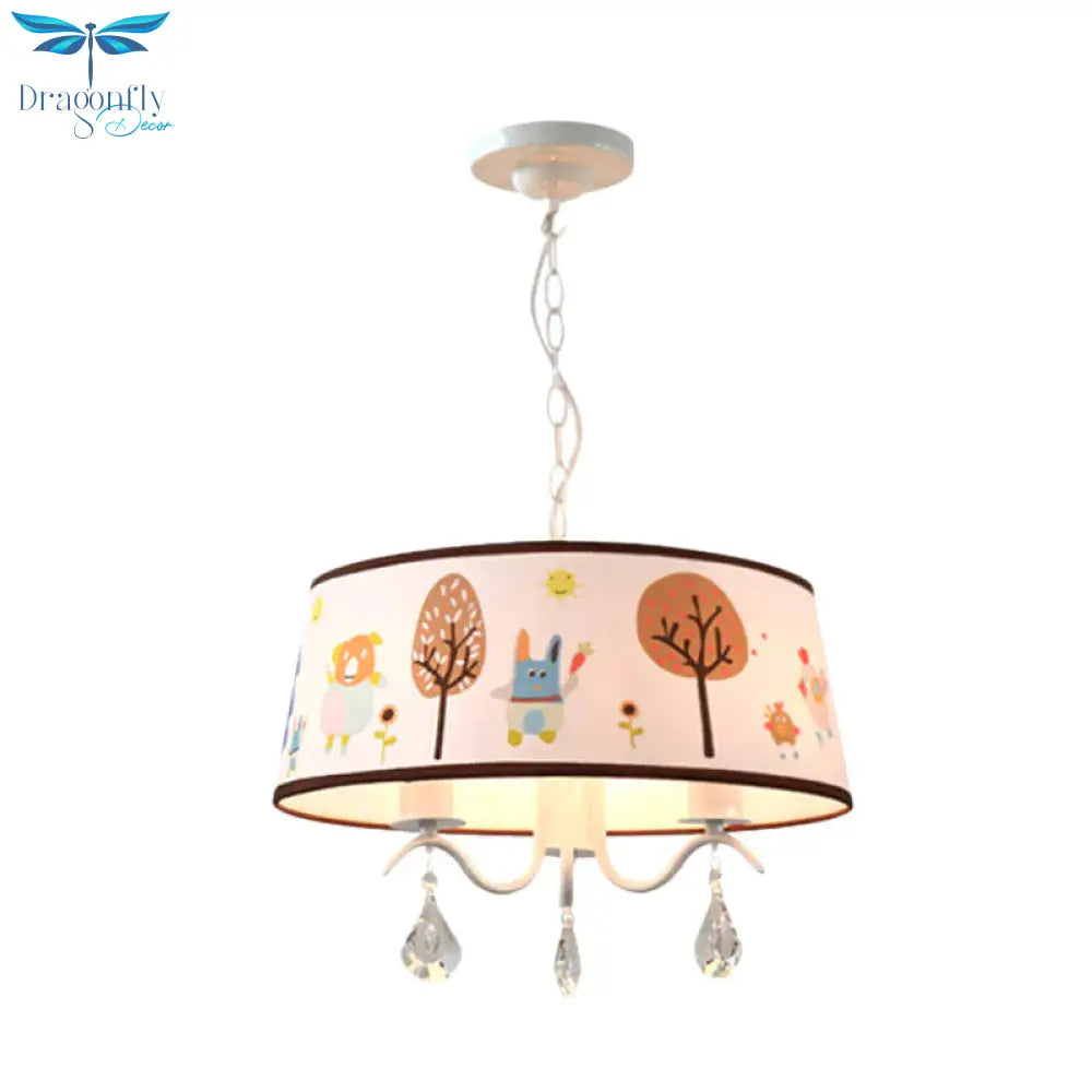 Cartoon 3/5 Heads Chandelier White Drum Pendant With Forest Pattern Fabric Shade And Crystal Drop