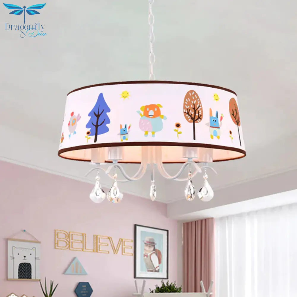 Cartoon 3/5 Heads Chandelier White Drum Pendant With Forest Pattern Fabric Shade And Crystal Drop