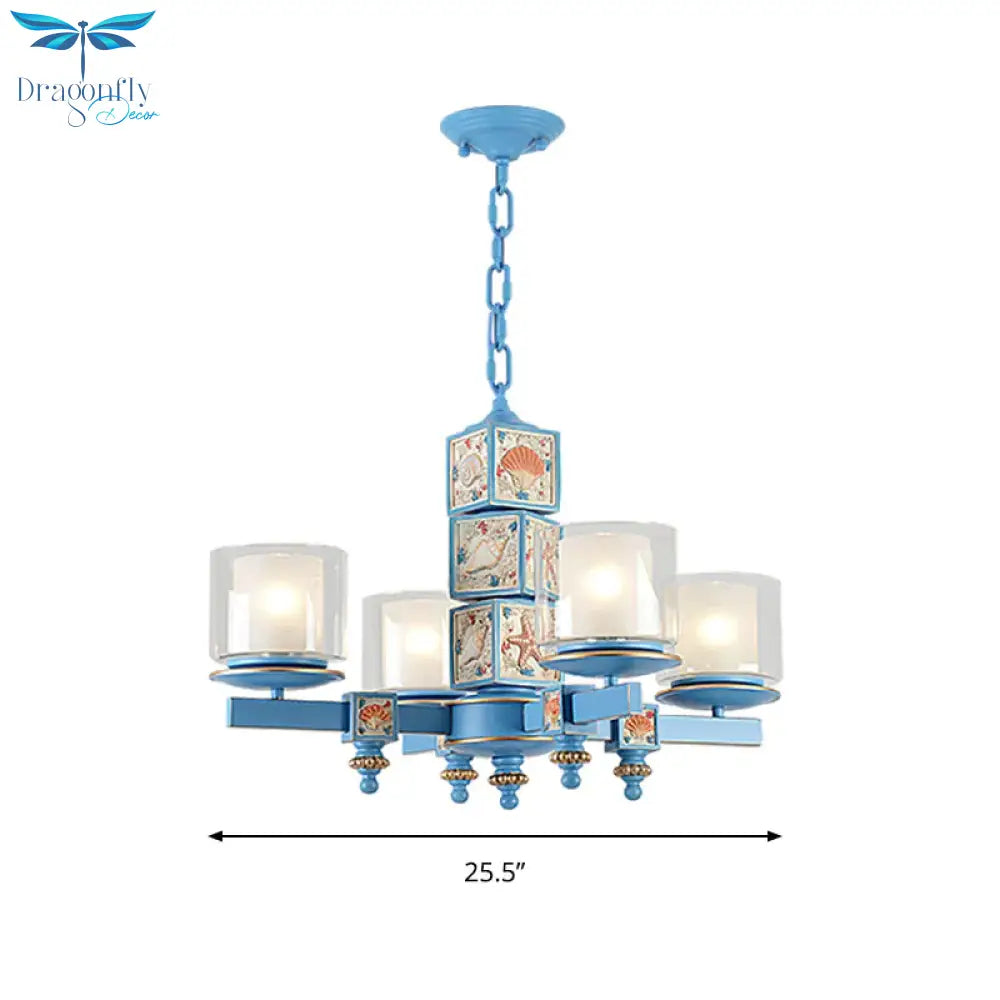 Cartoon Cylinder Pendant Lamp With Shell Deco Metal 4 Lights Blue Chandelier For Kindergarten