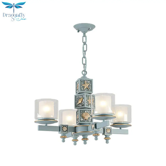 Cartoon Cylinder Pendant Lamp With Shell Deco Metal 4 Lights Blue Chandelier For Kindergarten