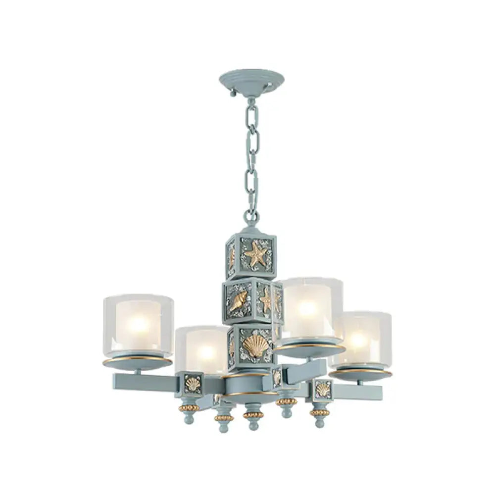 Cartoon Cylinder Pendant Lamp With Shell Deco Metal 4 Lights Blue Chandelier For Kindergarten Light