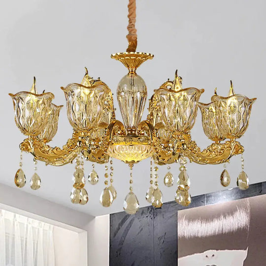 Champagne 6/8 Heads Chandelier Modernism Amber Crystal Flower Hanging Light Fixture With Carved Arm