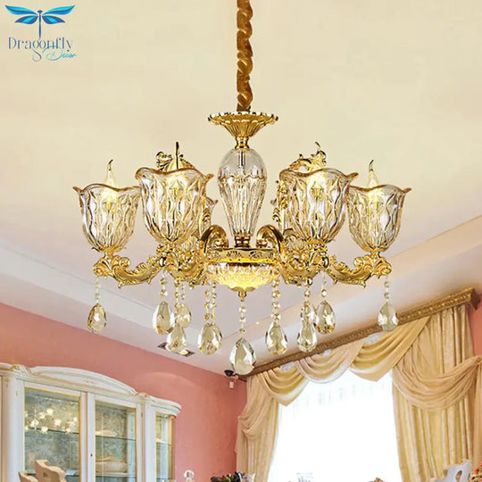 Champagne 6/8 Heads Chandelier Modernism Amber Crystal Flower Hanging Light Fixture With Carved Arm