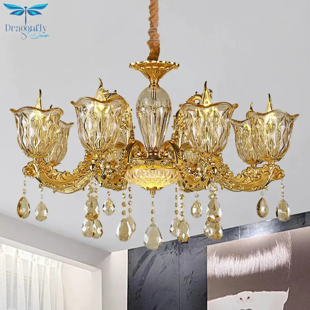 Champagne 6/8 Heads Chandelier Modernism Amber Crystal Flower Hanging Light Fixture With Carved Arm
