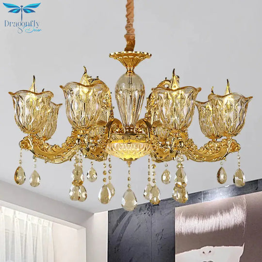 Champagne 6/8 Heads Chandelier Modernism Amber Crystal Flower Hanging Light Fixture With Carved Arm