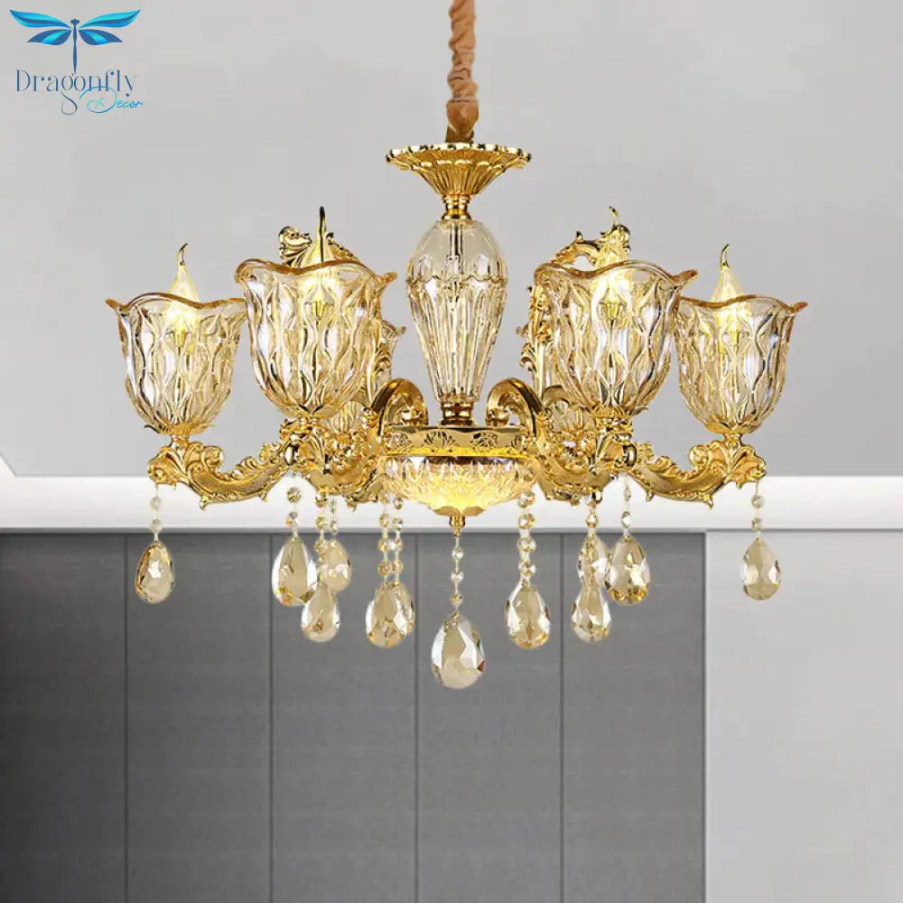 Champagne 6/8 Heads Chandelier Modernism Amber Crystal Flower Hanging Light Fixture With Carved Arm
