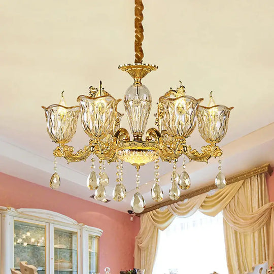 Champagne 6/8 Heads Chandelier Modernism Amber Crystal Flower Hanging Light Fixture With Carved Arm