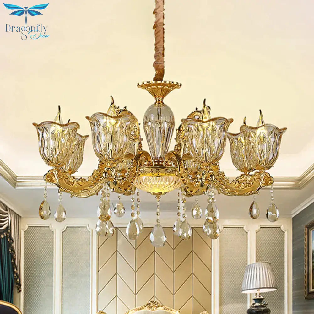 Champagne 6/8 Heads Chandelier Modernism Amber Crystal Flower Hanging Light Fixture With Carved Arm