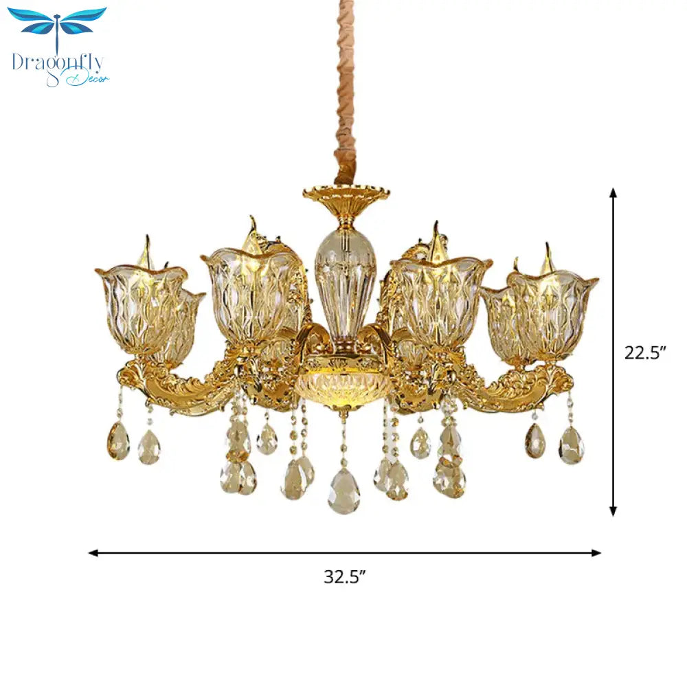 Champagne 6/8 Heads Chandelier Modernism Amber Crystal Flower Hanging Light Fixture With Carved Arm