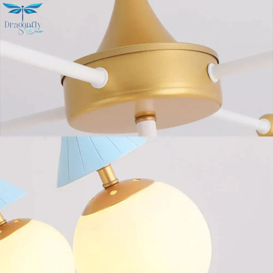 Child Bedroom Little Girls Chandelier With Globe Shade Wood 5 Lights Kids Pendant Light