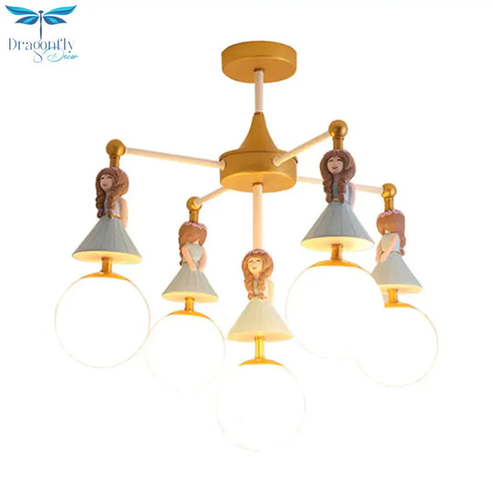 Child Bedroom Little Girls Chandelier With Globe Shade Wood 5 Lights Kids Pendant Light