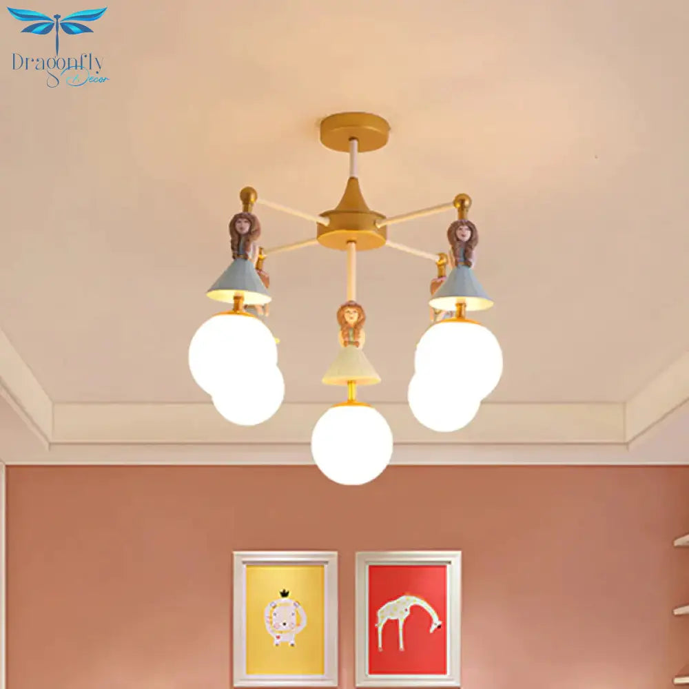 Child Bedroom Little Girls Chandelier With Globe Shade Wood 5 Lights Kids Pendant Light Blue