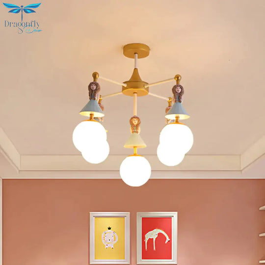 Child Bedroom Little Girls Chandelier With Globe Shade Wood 5 Lights Kids Pendant Light Blue