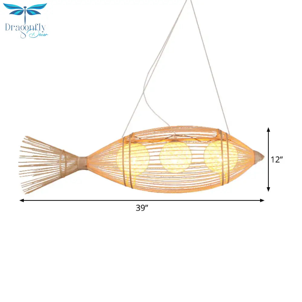 Chinese Fish Shaped Pendant Lamp Bamboo 3 Lights Bistro Chandelier With Ball Shade Inside In Wood