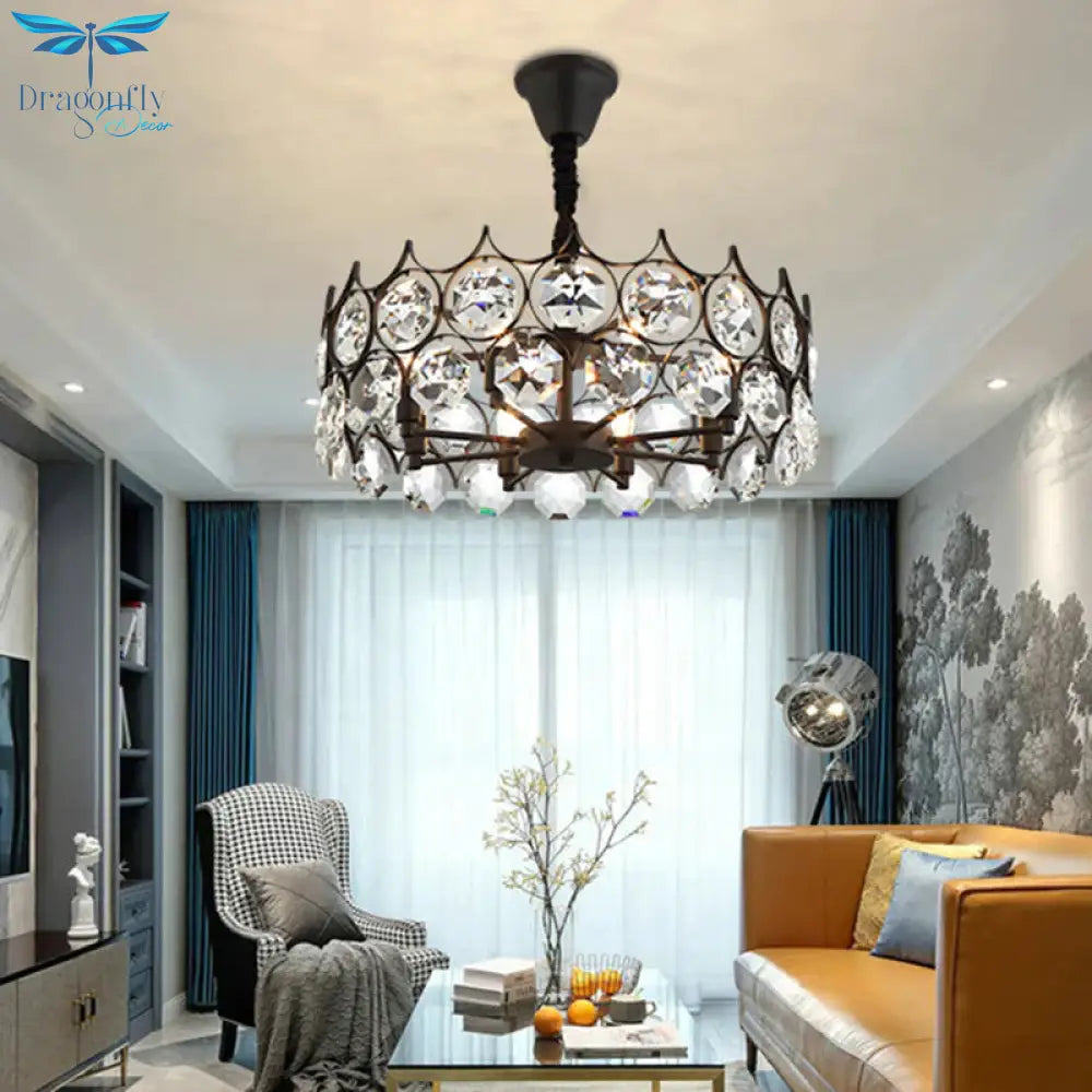 Circle Beveled Crystal Chandelier Traditional 6 Lights Living Room Hanging Ceiling Light In Black