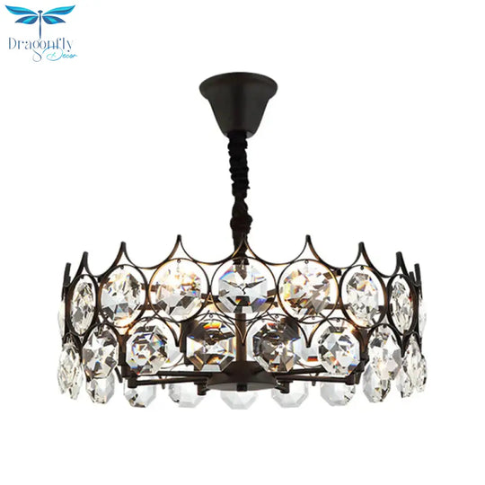 Circle Beveled Crystal Chandelier Traditional 6 Lights Living Room Hanging Ceiling Light In Black