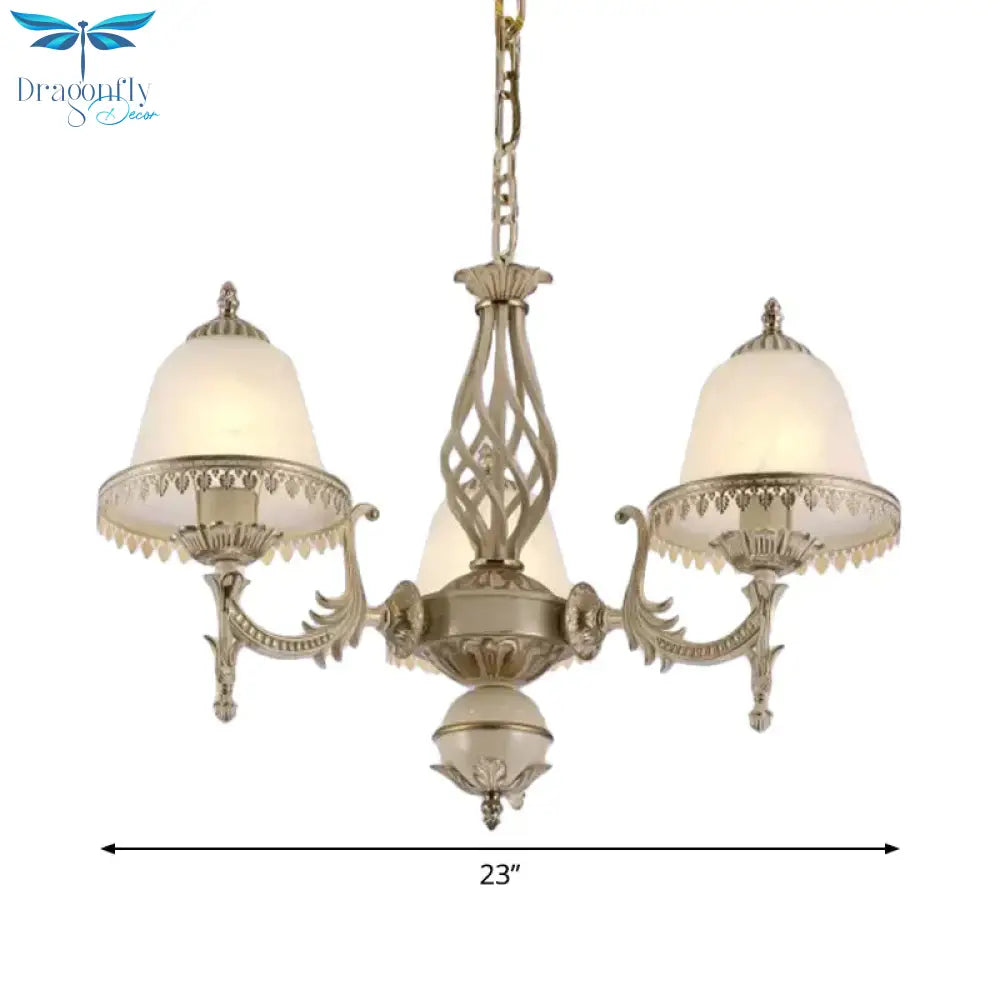 Classic Bell Shaped Pendant Lighting 3 - Head Opaline Glass Chandelier In White For Living Room