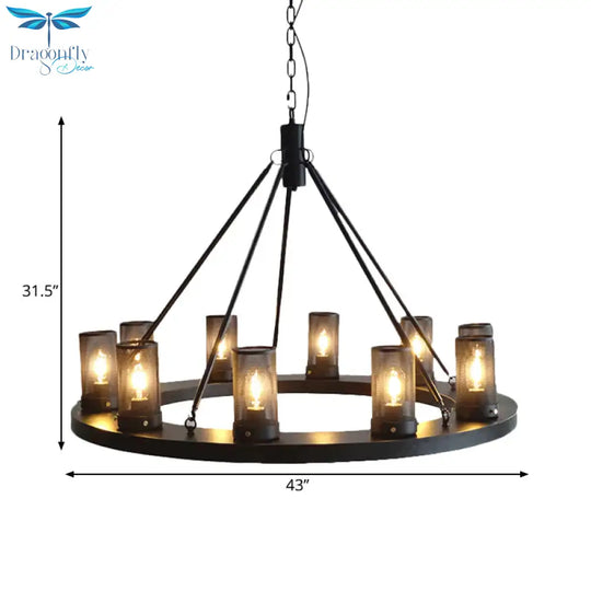 Classic Black Cylindrical Metal Ceiling Pendant With 10 Lights For Living Room