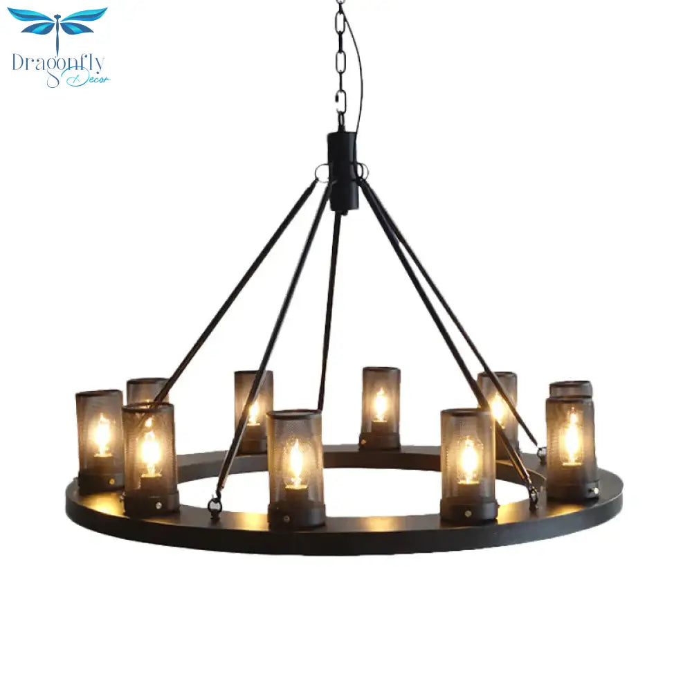 Classic Black Cylindrical Metal Ceiling Pendant With 10 Lights For Living Room