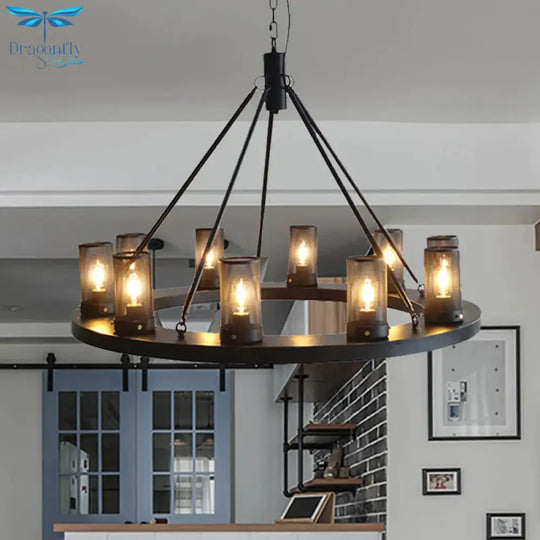 Classic Black Cylindrical Metal Ceiling Pendant With 10 Lights For Living Room
