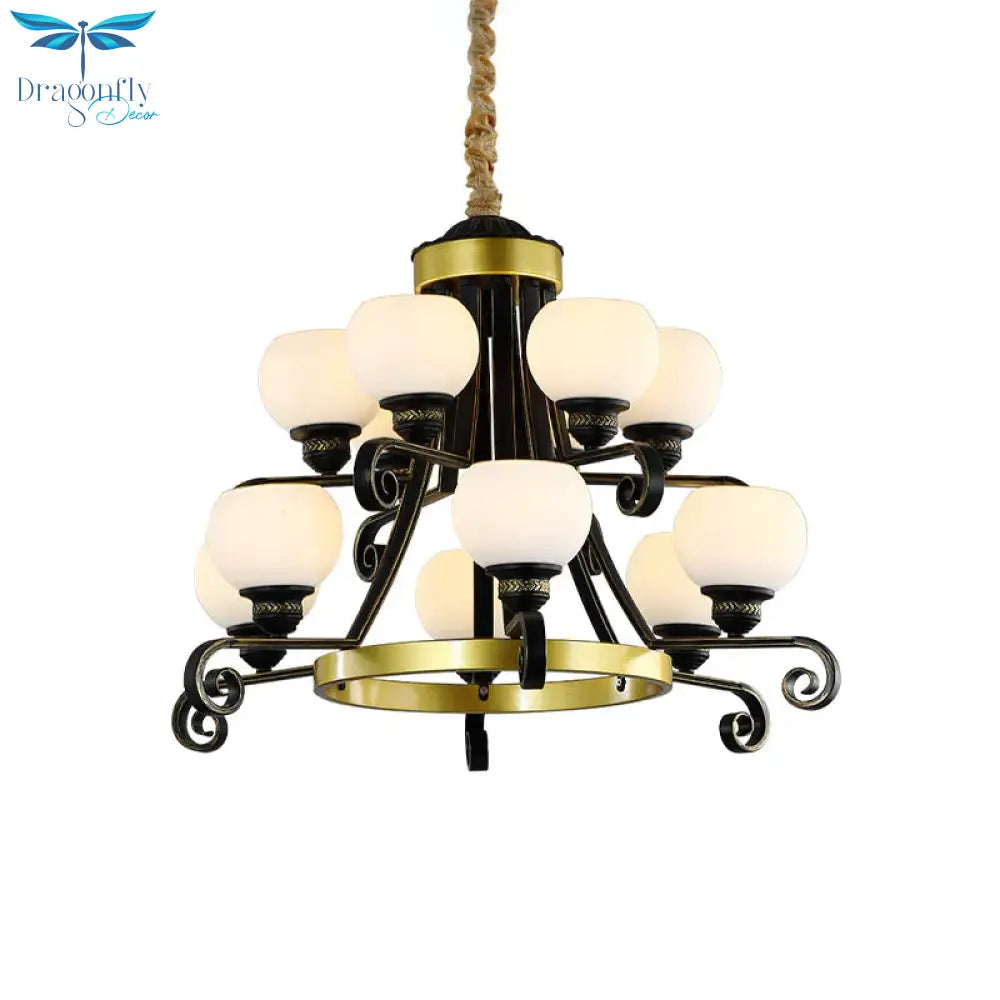 Classic Black Frosted 12 Bulbs 2 - Tier Glass Ceiling Chandelier For Living Room