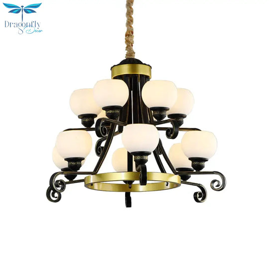 Classic Black Frosted 12 Bulbs 2 - Tier Glass Ceiling Chandelier For Living Room