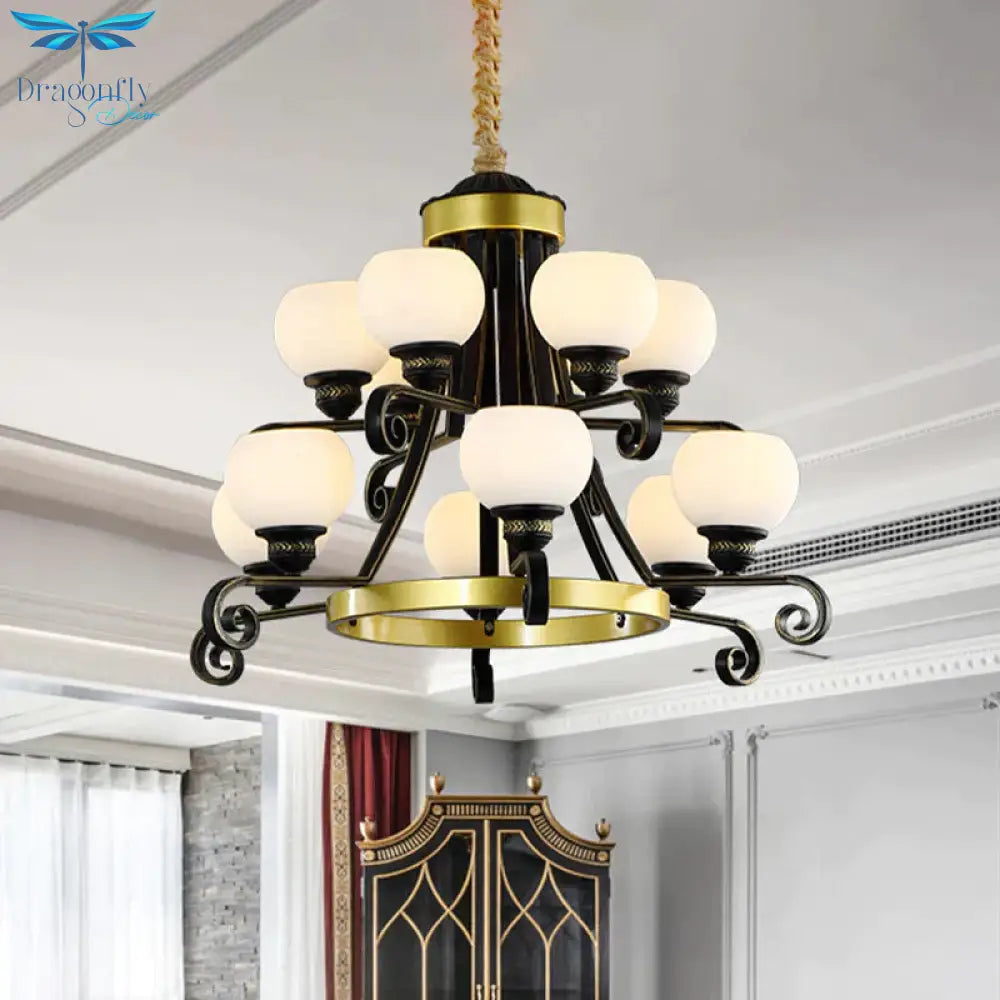 Classic Black Frosted 12 Bulbs 2 - Tier Glass Ceiling Chandelier For Living Room