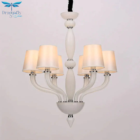 Classic Chandelier With 12 Bulbs In White/Red/Blue Glass Hanging Pendant Light Cone Fabric Shade