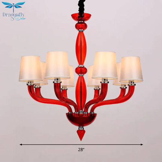 Classic Chandelier With 12 Bulbs In White/Red/Blue Glass Hanging Pendant Light Cone Fabric Shade