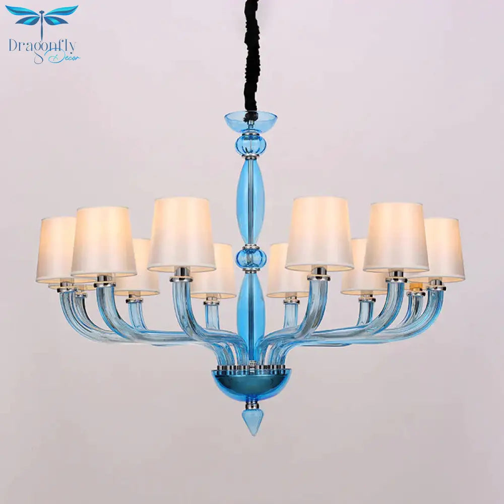 Classic Chandelier With 12 Bulbs In White/Red/Blue Glass Hanging Pendant Light Cone Fabric Shade