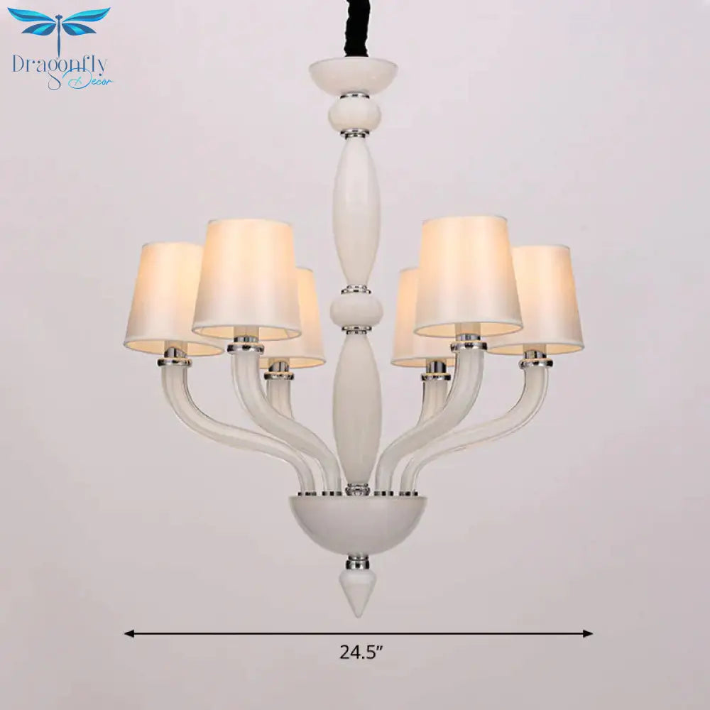 Classic Chandelier With 12 Bulbs In White/Red/Blue Glass Hanging Pendant Light Cone Fabric Shade