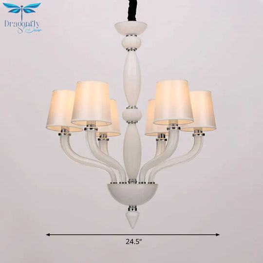 Classic Chandelier With 12 Bulbs In White/Red/Blue Glass Hanging Pendant Light Cone Fabric Shade