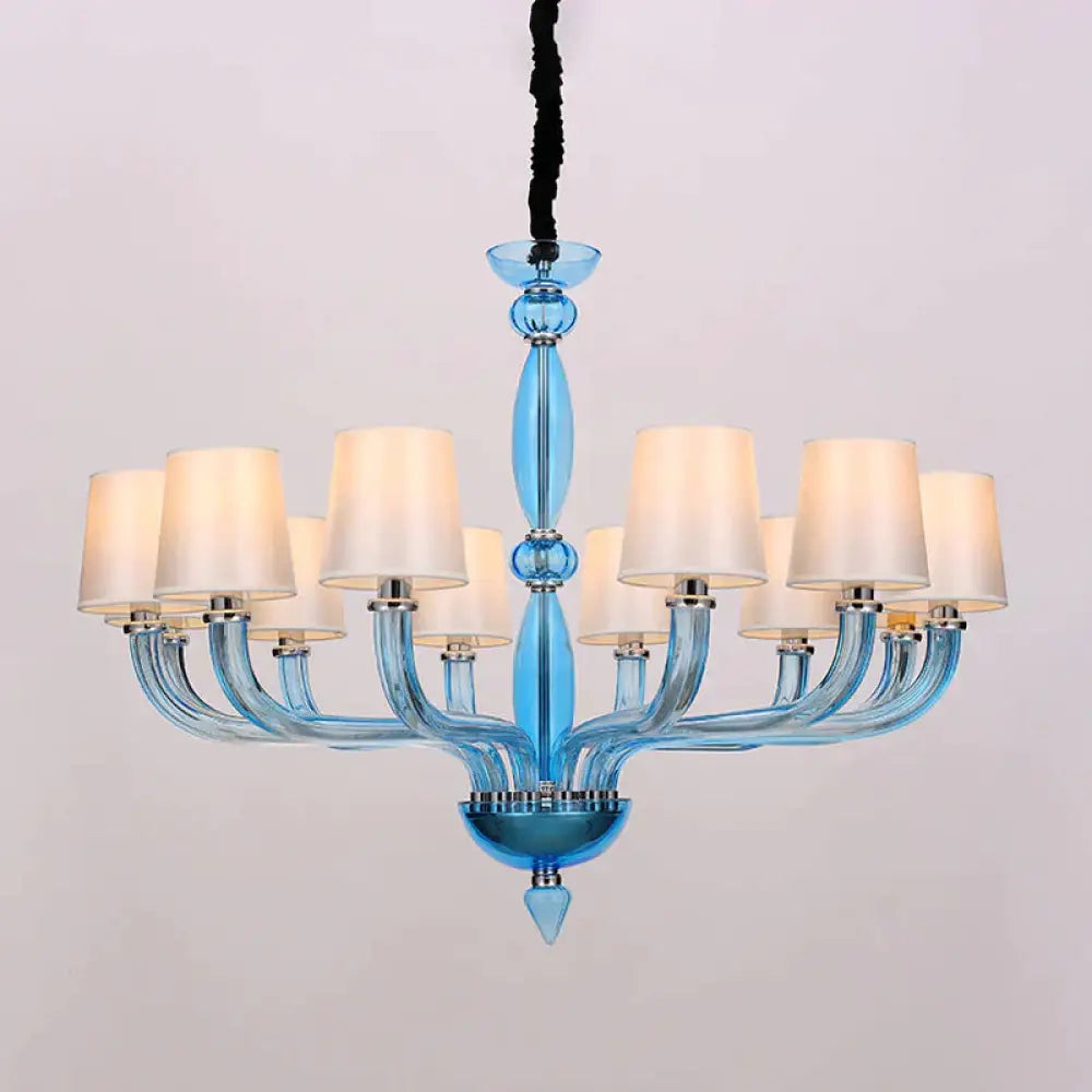Classic Chandelier With 12 Bulbs In White/Red/Blue Glass Hanging Pendant Light Cone Fabric Shade