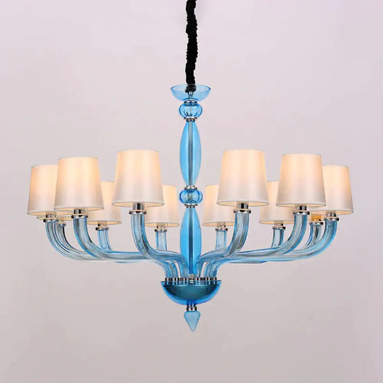 Classic Chandelier With 12 Bulbs In White/Red/Blue Glass Hanging Pendant Light Cone Fabric Shade