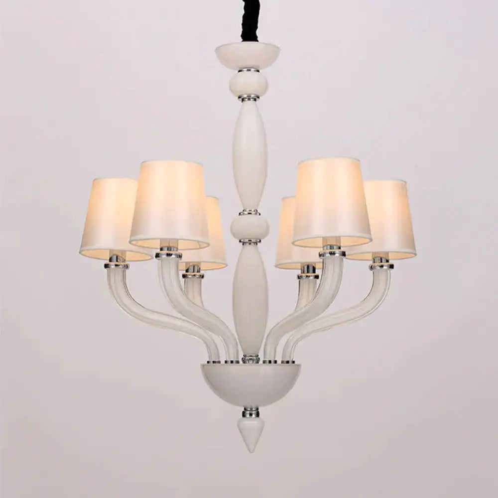 Classic Chandelier With 12 Bulbs In White/Red/Blue Glass Hanging Pendant Light Cone Fabric Shade