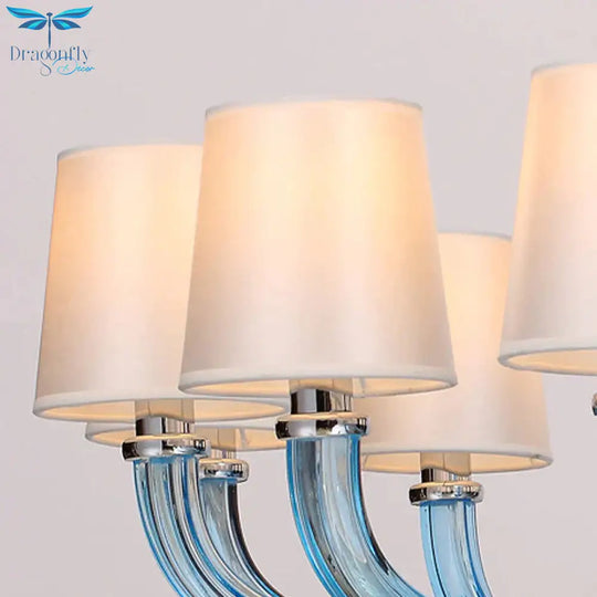 Classic Chandelier With 12 Bulbs In White/Red/Blue Glass Hanging Pendant Light Cone Fabric Shade