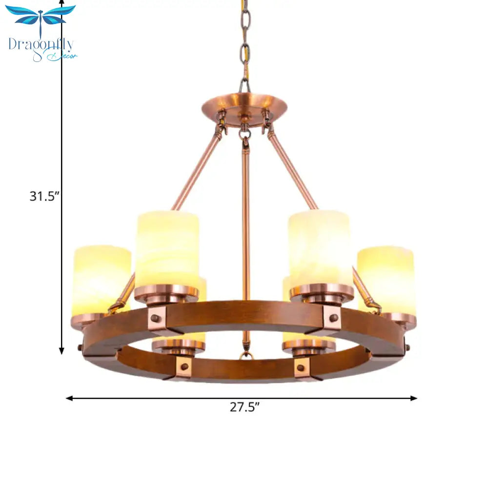 Classic Cylinder Chandelier Light 6/8/10 Heads Marble Ceiling Pendant In Brown With Wood Circular