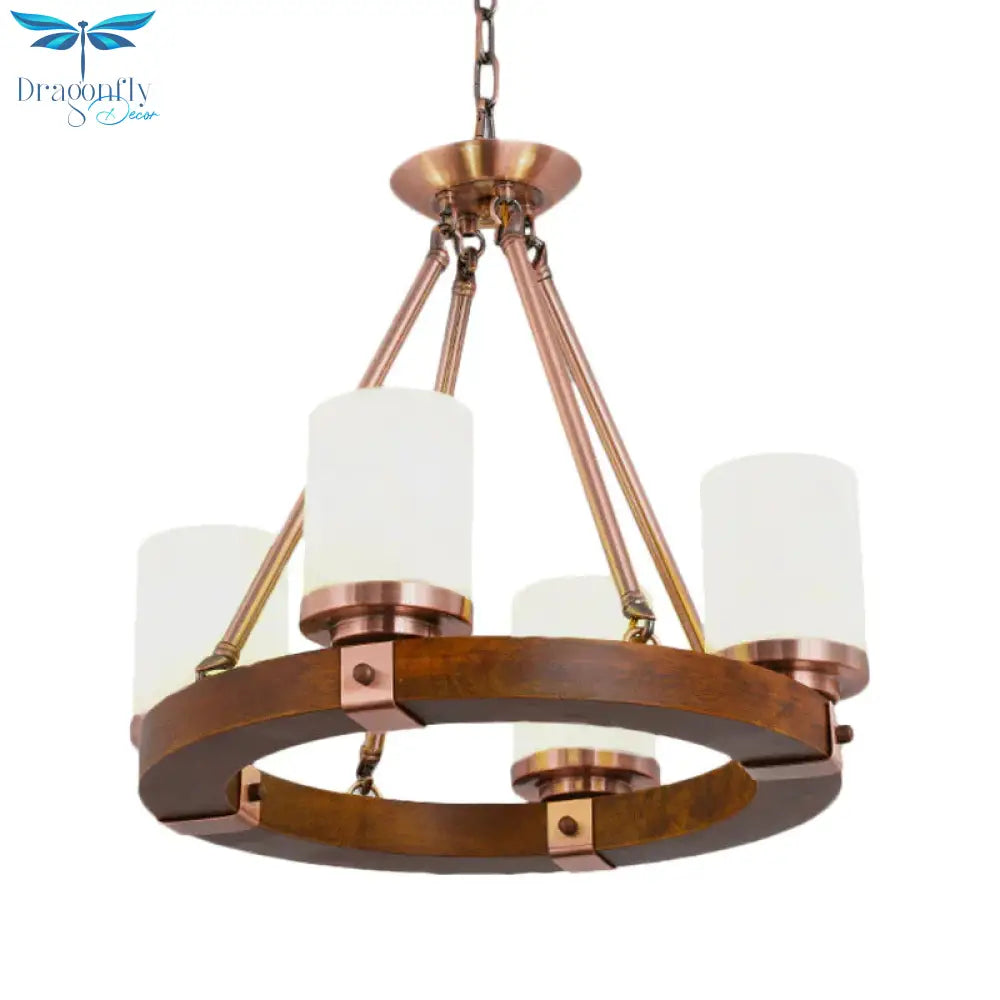 Classic Cylinder Chandelier Light 6/8/10 Heads Marble Ceiling Pendant In Brown With Wood Circular
