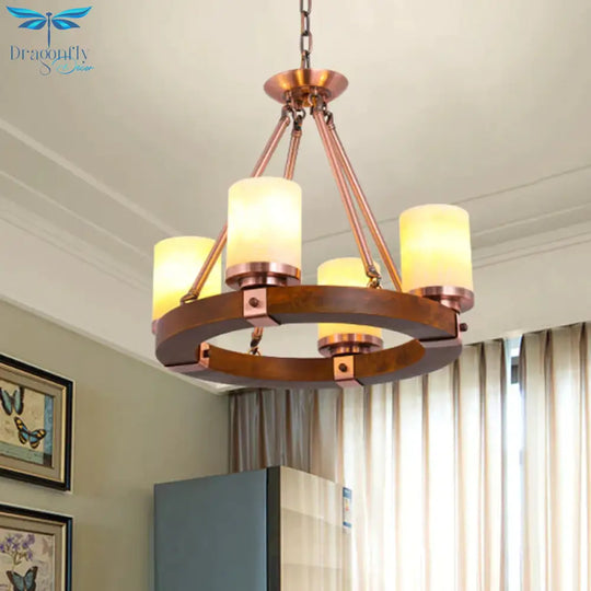 Classic Cylinder Chandelier Light 6/8/10 Heads Marble Ceiling Pendant In Brown With Wood Circular