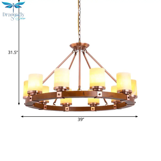 Classic Cylinder Chandelier Light 6/8/10 Heads Marble Ceiling Pendant In Brown With Wood Circular