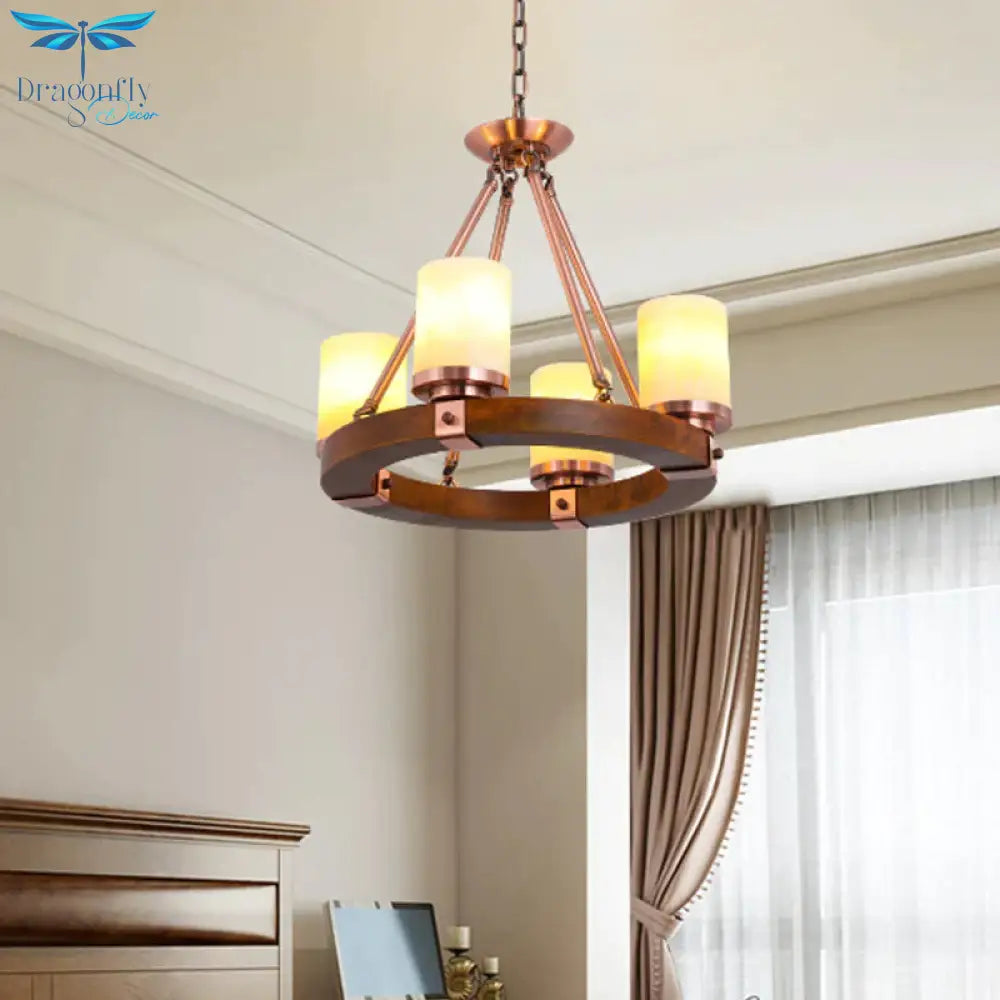 Classic Cylinder Chandelier Light 6/8/10 Heads Marble Ceiling Pendant In Brown With Wood Circular