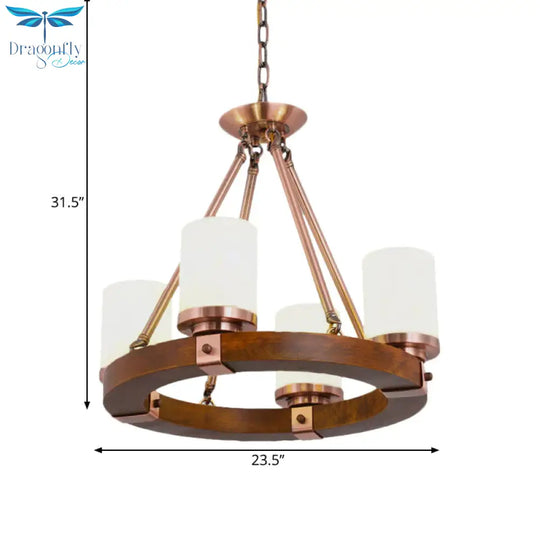 Classic Cylinder Chandelier Light 6/8/10 Heads Marble Ceiling Pendant In Brown With Wood Circular