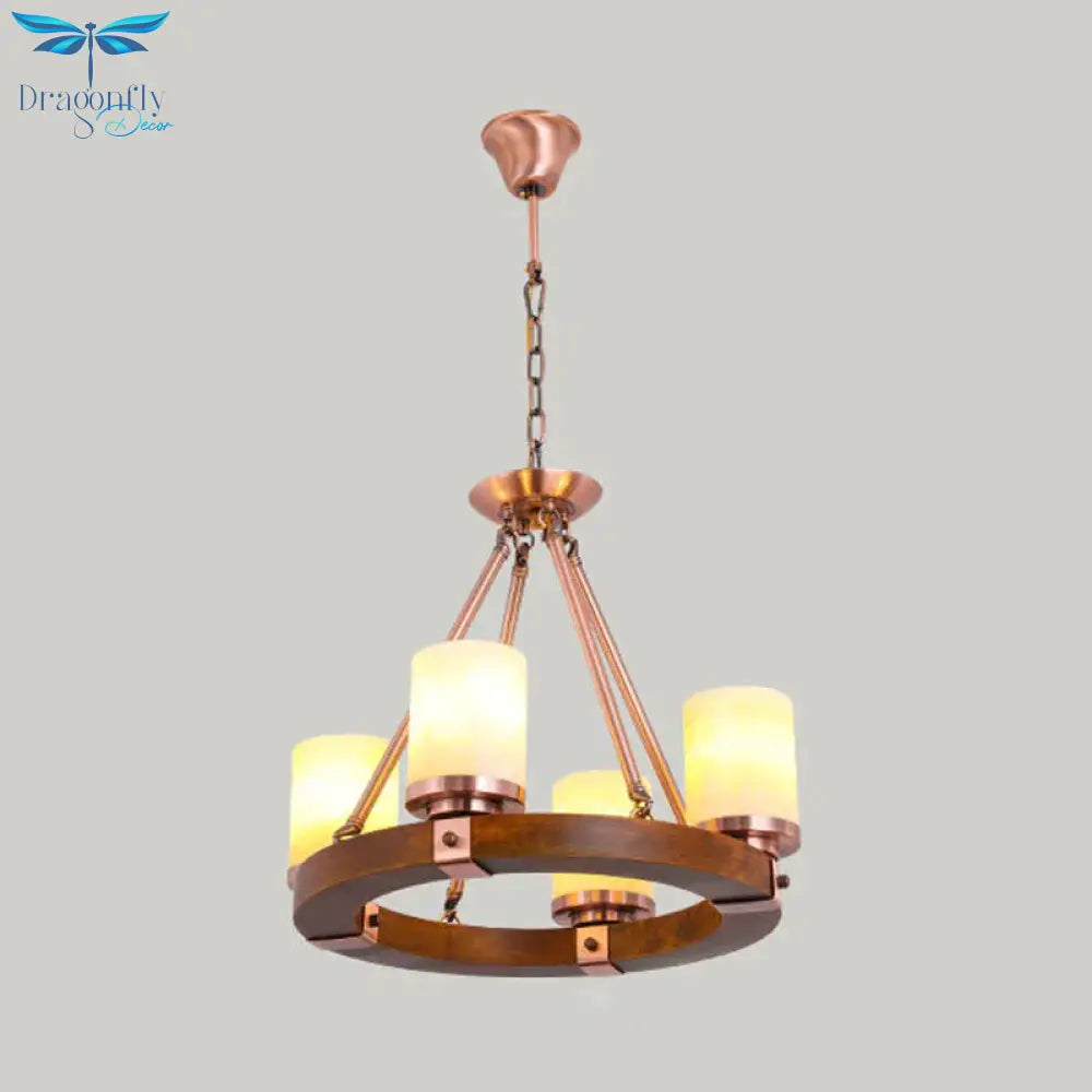 Classic Cylinder Chandelier Light 6/8/10 Heads Marble Ceiling Pendant In Brown With Wood Circular
