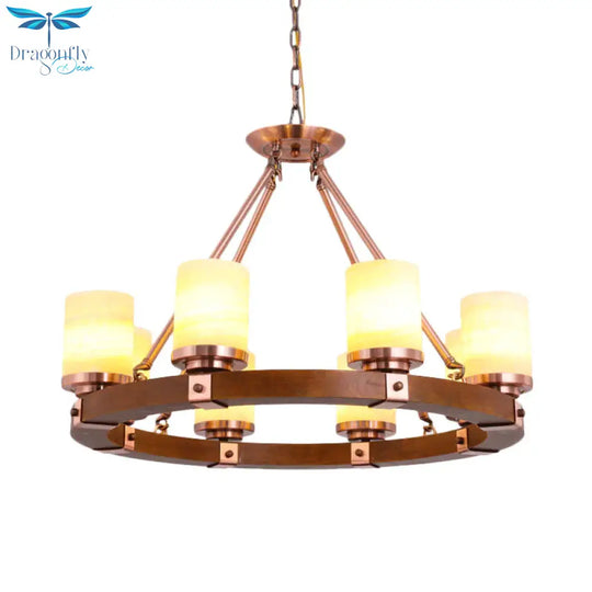 Classic Cylinder Chandelier Light 6/8/10 Heads Marble Ceiling Pendant In Brown With Wood Circular