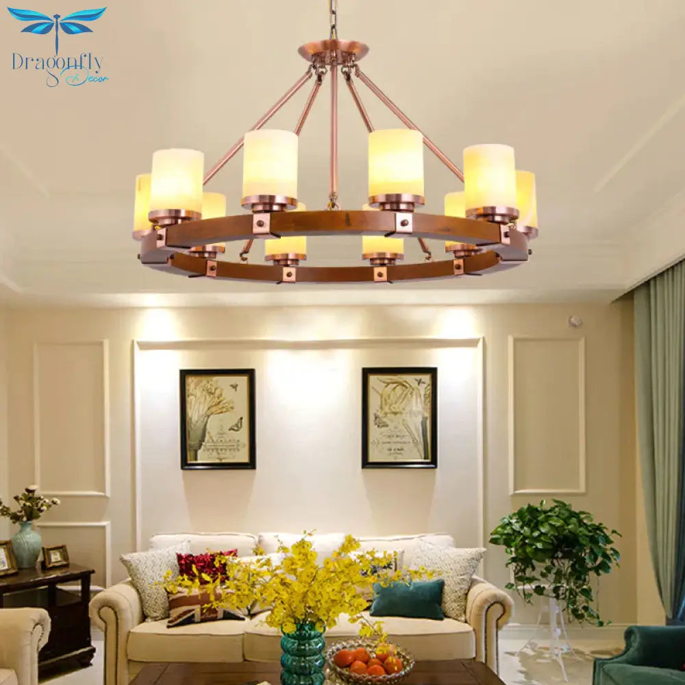 Classic Cylinder Chandelier Light 6/8/10 Heads Marble Ceiling Pendant In Brown With Wood Circular