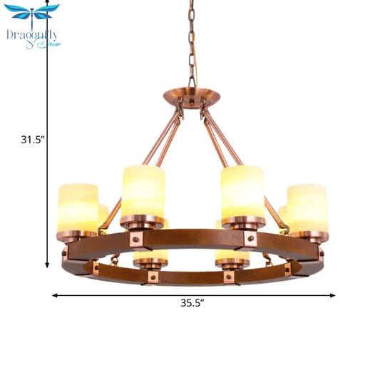Classic Cylinder Chandelier Light 6/8/10 Heads Marble Ceiling Pendant In Brown With Wood Circular