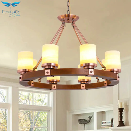 Classic Cylinder Chandelier Light 6/8/10 Heads Marble Ceiling Pendant In Brown With Wood Circular