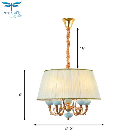 Classic Drum Hanging Chandelier 5 Lights Fabric Drop Pendant In White For Dining Room